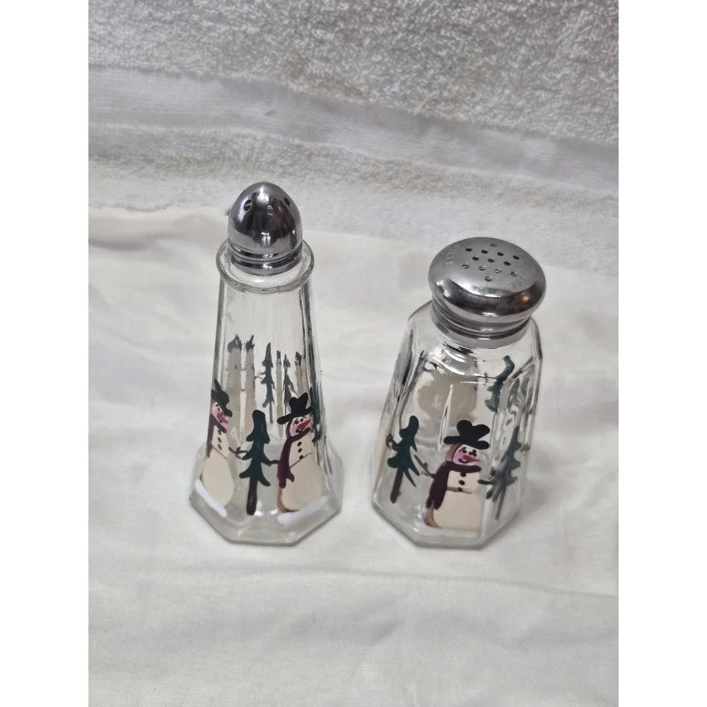Vintage Hand Painted Snowman Glass Salt and Pepper Shakers Set Winter Christmas